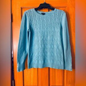 Talbots Women’s Sweater Medium Blue Cable Knit Lambswool Blend Buttons Top Shirt